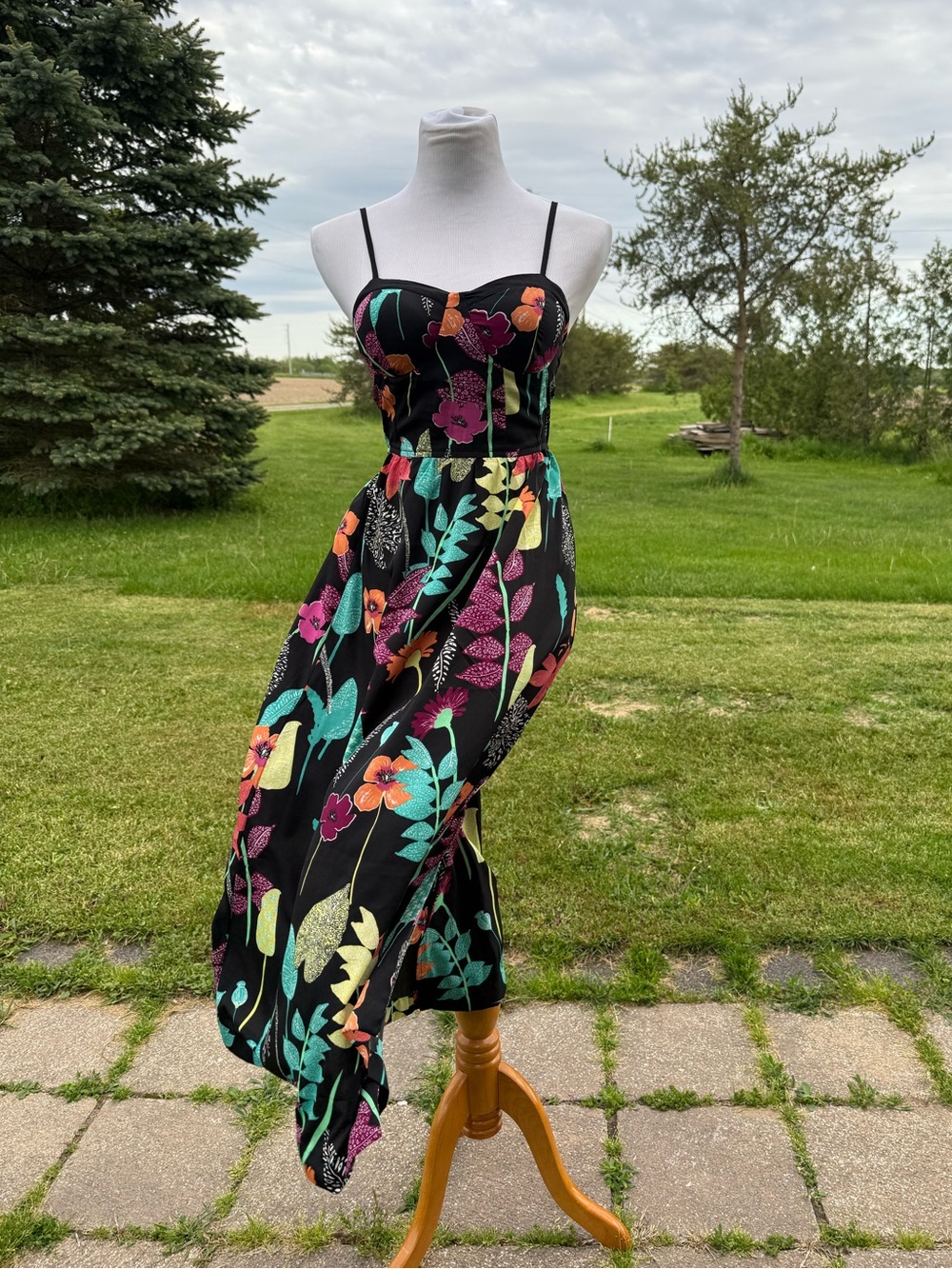 Floral Print Black Midi Dress with Spaghetti Straps